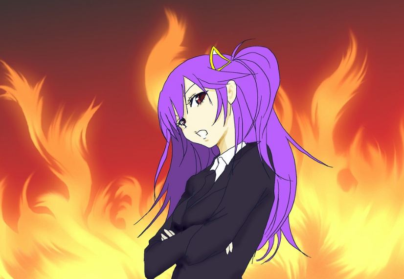 Image of an anime girl illustration with fire in the background.